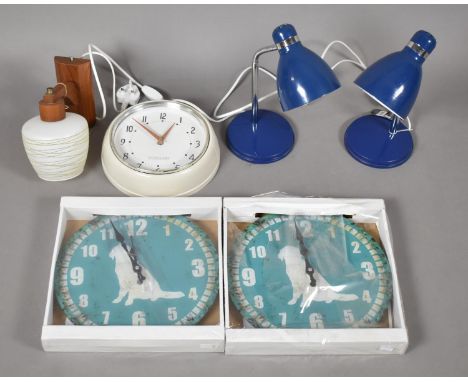 A Collection of Two Wall Clocks, Two Table Lamps and a Teak Wall Light Fitting 