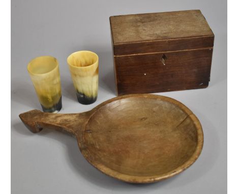 A 19th Century Mahogany Tea Caddy (For Restoration), Two Small Horn Beakers and a Carved Wooden Tribal Item 