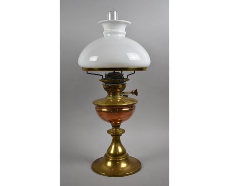 A Late 19th/ Early 20th Century Brass Oil Lamp, The Invicta, Complete with Opaque Glass Shade and Clear Glass Chimney, 58cms 