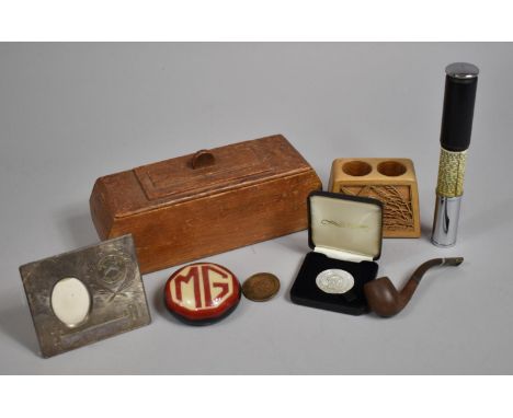 A Small Rectangular Wooden Box Containing Vintage Pipe, Manchester Hospital Brooch, MG Paperweight, Pontins Holiday Club Phot
