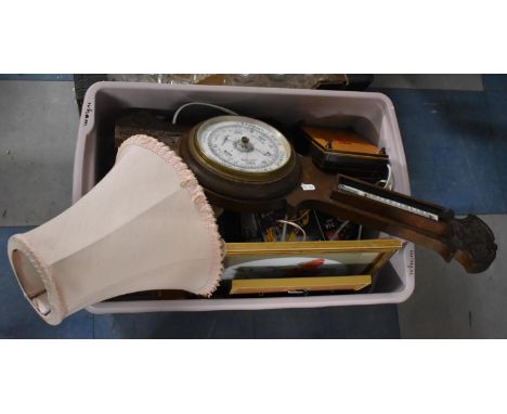 A Box of Sundries to Include Oak Aneroid Barometer (AF), Ceramic Ornaments etc 