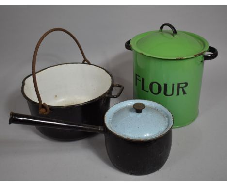 A Collection of Enamel Wares to Include Jam Kettle, Flour Bin, Saucepan 