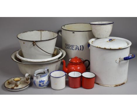 A Collection of Vintage Enamel Wares to Include Pugs, Kettle Bucket, Bowls, Storage Bins etc 