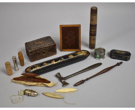 A Collection of Curios to Include Snuff Box, Lacquered Pen Tray, Vintage Pewter Napkin Ring with Cabochon, Carved Wooden Mone