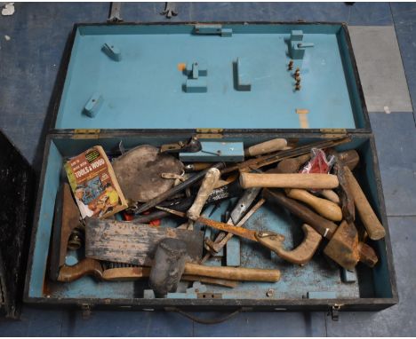 A Plywood Carpenters Toolbox Containing Vintage Tools, 79cm wide 