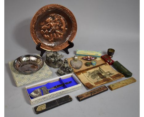 A Collection of Items to Include Pressed Copper Wall Hanging, South Staffordshire Military Badge, Pewter Study of Craft Peopl