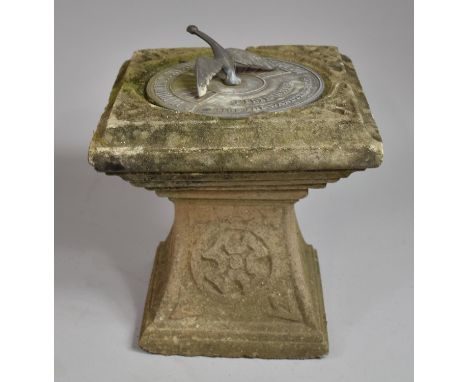 A Reconstituted Stone and Cast Metal Garden Sundial, Time Flies Like the Wandering Swan, 27cm Square and 28cm High 