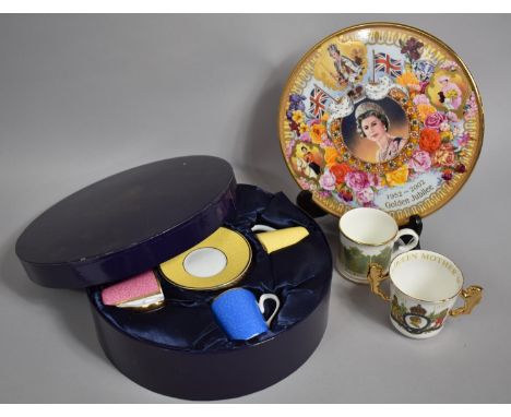 A Paragon Commemorative Loving Mug, Windsor Castle Tankard, Golden Jubilee Cake Plate and Royal Worcester Coffee Set 