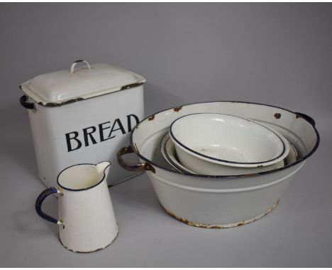 A Collection of Vintage Enamel Wares to Include Bread Bin, Bowls, Oval Bath 