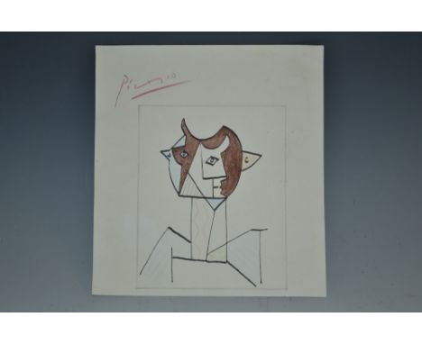 Picasso
Portrait in Cubist Style 
bears signature, ink sketch with colour on paper, 13cm x 10cm 