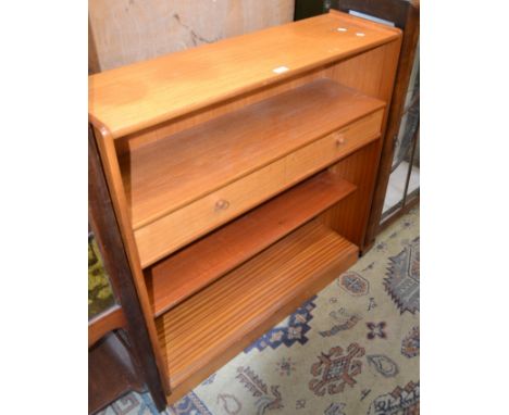 A retro teak Nathan Furniture bookcase, shelf over two short drawers and shelving. 107cm high x 102cm x 30cm deep.