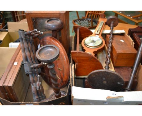 Treen - candlesticks; expanding coat rack; book trough; snakes and ladders clock; barometer; tray; etc 