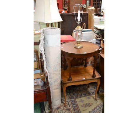 An oak occasional table, with ball and claw feet; a walnut occasional table; brass Corinthian column standard lamp; cut glass