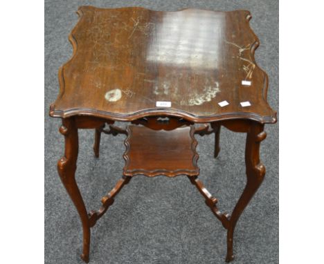 A late 19th century mahogany shaped square side table, cabriole legs, shelf stretcher, c.1890