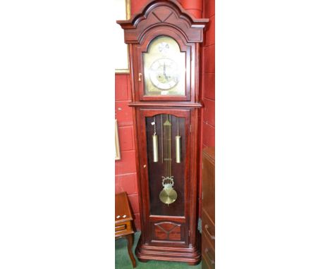 A modern longcase clock, arched dial, silvered chapter ring, Roman numerals