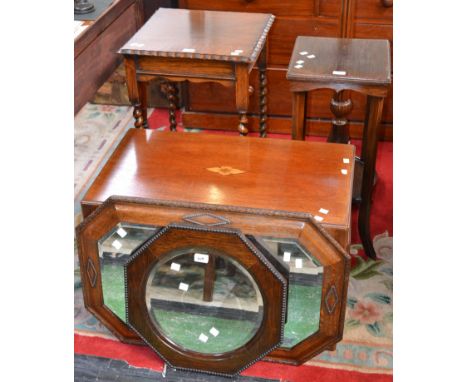 An oak barley twist occasional table; a mahogany standard lamp, a mahogany nest of tables, an oak occasional table, two oak m