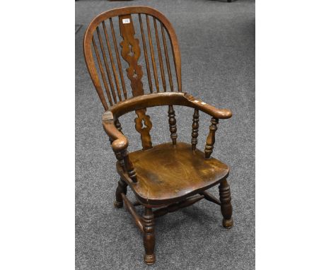 A Victorian Windsor chair, pierced splat, spindle back, saddle seat, turned double H-stretcher, c.1860