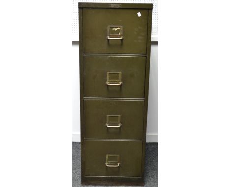 A vintage four drawer green painted galvanized metal filing cabinet by Taylor's Typewriter Co., Chancery Lane, London.