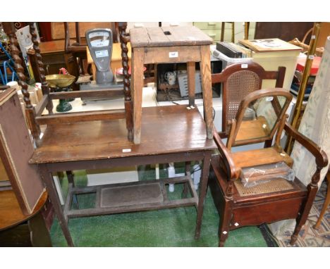 A late 19th century scumbled pine side table; an early 20th century oak occasional table with barley twist legs; a pine stool