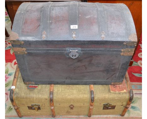 A wood bound travel trunk; a reproduction dome topped trunk