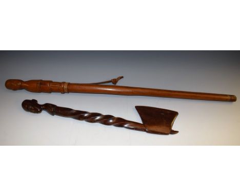 Tribal Art - an African status staff, probably Zulu, the pommel carved as a figure, 82cm long; a hardwood axe, figural termin