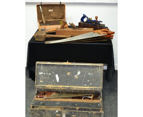 A quantity of tools and tool boxes to include a plough plane, WS, Birmingham No.A78; a large wooden plane; spanners; hammers;