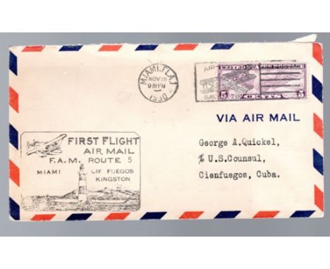  Cuba - inward mail 1931 First flight envelope Miami to Cienfuegos, Cuba with boxed illustrated cachet depicting vintage flyi