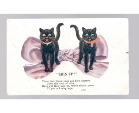 Postcard, Louis Wain, Tails Up, two black cats in front of large bow, written but not posted