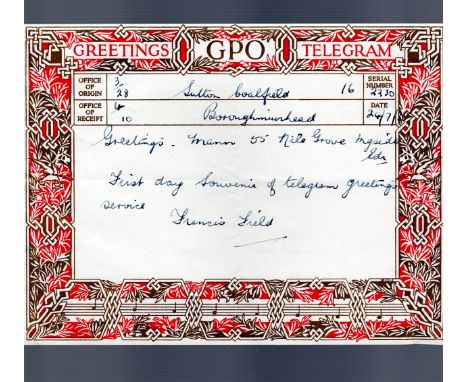 1935 first type greetings telegram, music score type, very attractive red and gold design, dated  24/7/35 and with first day 