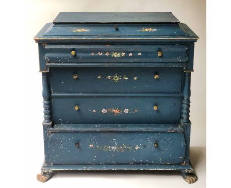 COMMODE, 19th century Hungarian painted pine and parcel gilt with shaped top drawer above a frieze drawer and three long draw