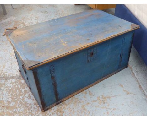 TRUNK, 19th century Swedish distressed blue painted pine with hinged top, iron side handles and escutcheon dated 1808, 100cm 