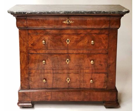 HALL COMMODE, 19th century French Louis Philippe burr walnut and gilt metal mounted with marble top above four long drawers, 