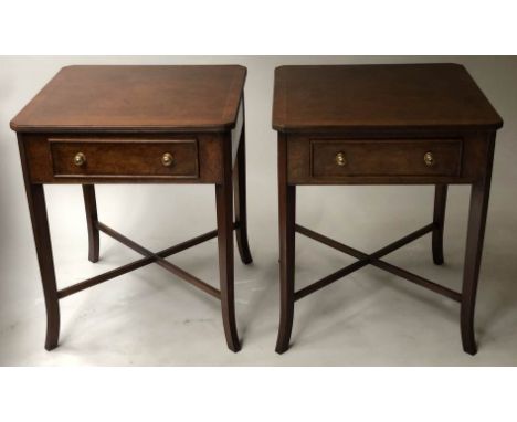 BEDSIDE/LAMP TABLES, a pair, George III design burr walnut each with frieze drawer and X stretcher, 55cm x 55cm x 66cm H. (2)