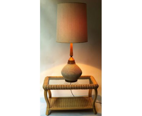 TABLE LAMP AND TABLE, 1950's, ceramic in the form of a cane basket, with teak column and original shade, together with a cane