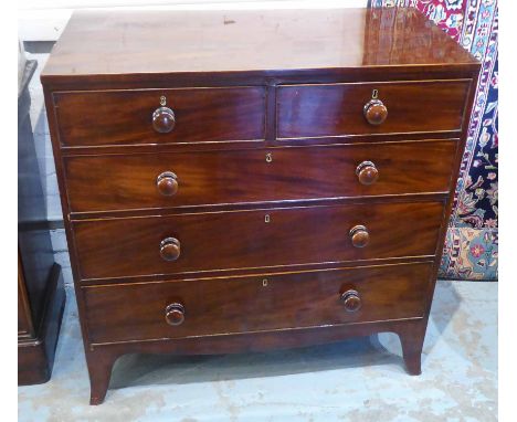 CHEST, Regency mahogany with two short above three long drawers and a shaped apron on swept bracket front feet, 106cm W x 102