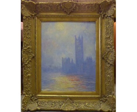 After CLAUDE MONET 'The Houses of Parliament', oil on canvas laid on board, 51cm x 40cm framed.