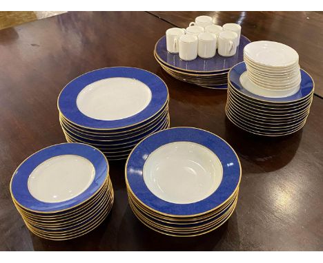 DINNER SERVICE, porcelain Lefarge Limoges white with a blue border and gilt rim comprising approx 9 dinner plates, 8 bowls, 1