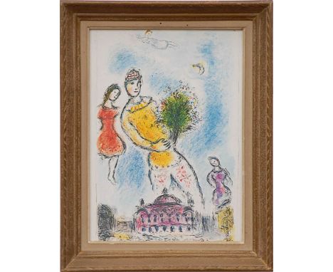 MARC CHAGALL 'Couple with Bouquet', 1981, off set lithograph, 32cm x 23cm, framed and glazed.