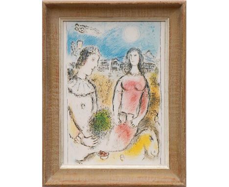 MARC CHAGALL 'Couple at Twilight', 1981, off set lithograph, 32cm x 23cm, framed and glazed.