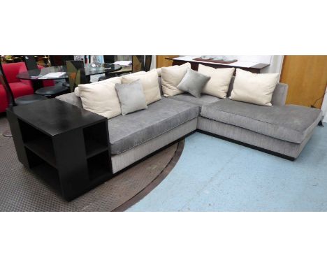 CORNER SOFA, contemporary design, grey and cream fabric upholstered with fixed cabinet detail at one side, 290cm x 230cm x 90