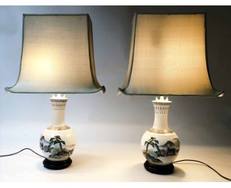 TABLE LAMPS, a pair, Chinese ceramic gourd vase form with rural scene tall stem and eau de nile green pagoda shades, 80cm H. 