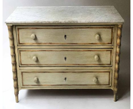 FAUX BAMBOO COMMODE, 19th century French with veneered white Carrara marble top above three long drawers flanked by faux bamb