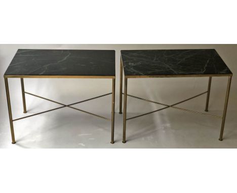 LAMP TABLES, a pair, 1970's, gilt metal frame with rectangular variegated green marble top, on X stretchered gilt metal suppo