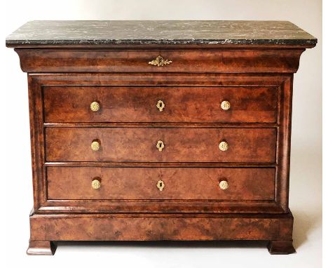 COMMODE, 19th century French Louis Philippe burr walnut and gilt metal mounted with a marble top above four long drawers, 125