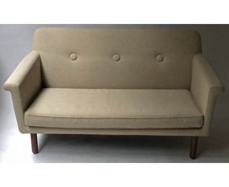 ORLA KIELY SOFA, 1960's style, pale green linen slab upholstered, button back and turned supports, 144cm W.