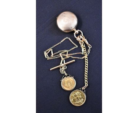 Gold 9ct Tube Bar Light Chain carrying a 1912 Half Sovereign, and a 9ct linked chain carrying an 1887 Sovereign. All coupled 