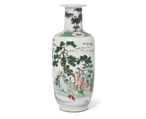 A Chinese famille verte rouleau vaseLate Qing dynasty, apocryphal four-character Chenghua mark Of cylindrical form rising fro