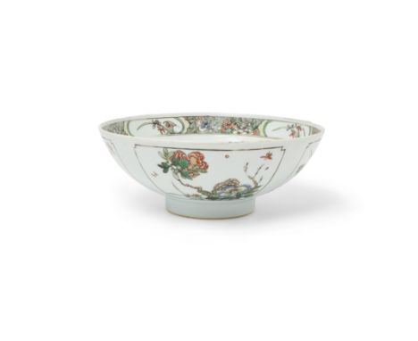 A Chinese famille verte 'floral' bowlQing dynasty, Kangxi periodEnamelled and gilt to the exterior with medallions of chrysan