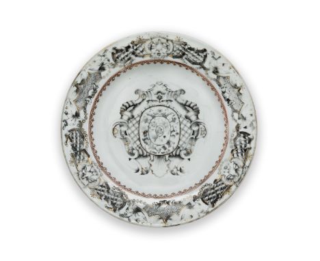 A Chinese en-grisaille, gilt and reouge-de-fer 'Ovando' armorial plate for the Spanish marketQing dynasty, Qianlong period, c