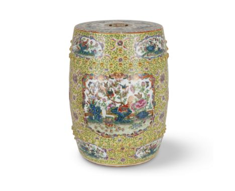 A Chinese 'pheasants and flowers' Canton famille rose garden stoolQing dynasty, 19th centuryThe sturdily potted stool painted